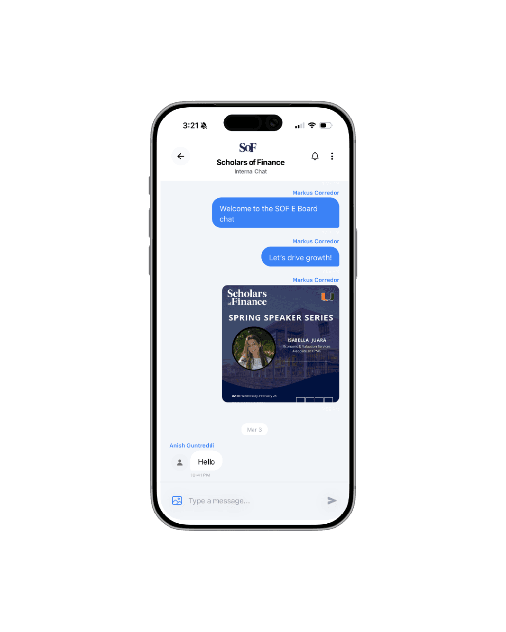 VibeLink Flexible Messaging — club chat screen