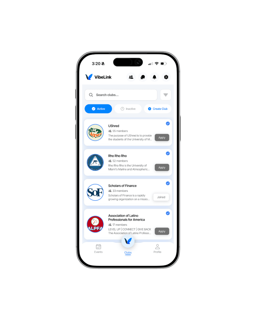 VibeLink Discovery Feeds — browse and search clubs on campus