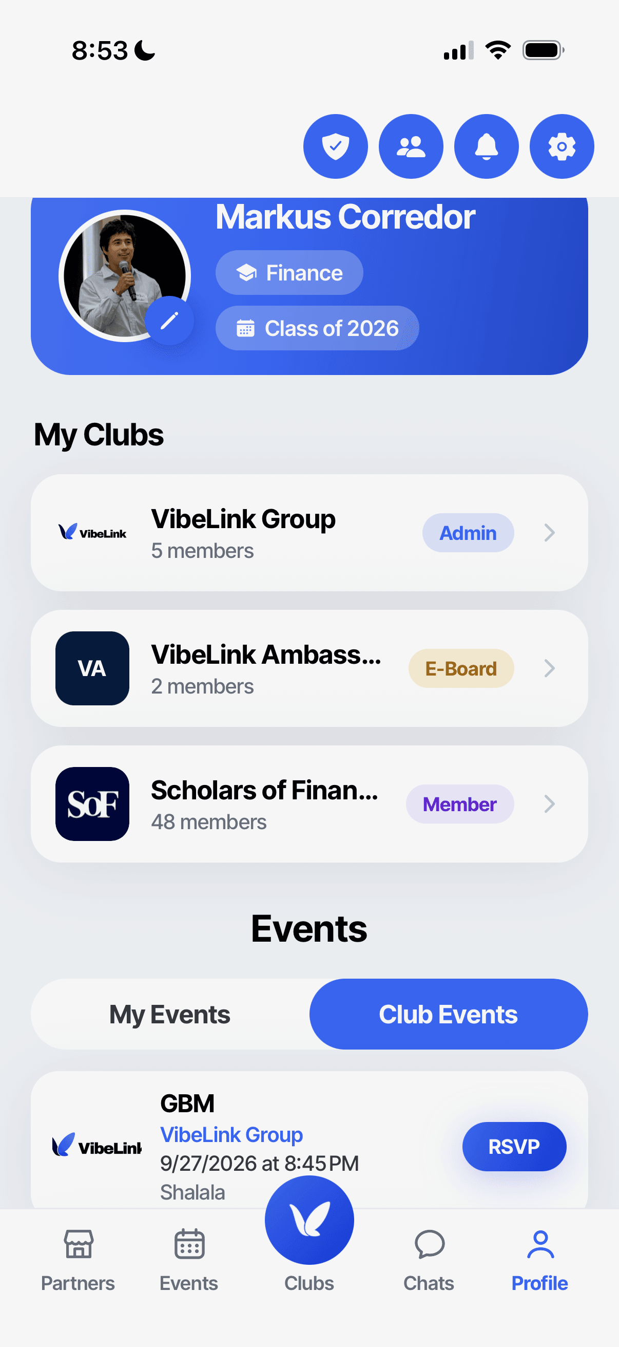 VibeLink Student Profile screen